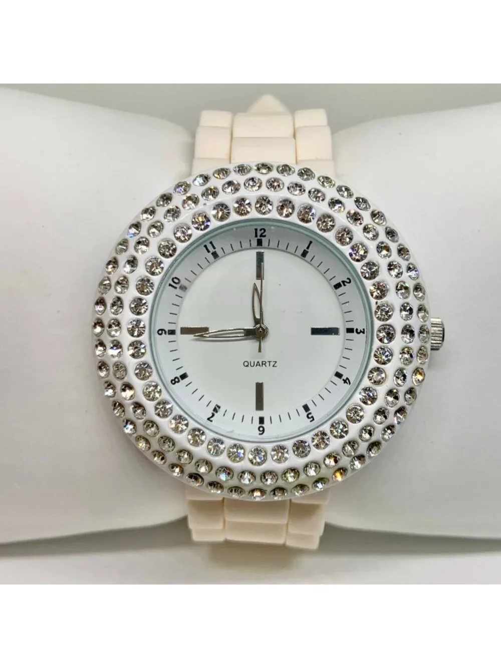 Geneva women’s watch white tone rhinestones 45mm silicone band running
